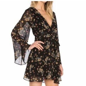 Free people Lilou Printed Black Floral V Neck Bell Sleeves Dress